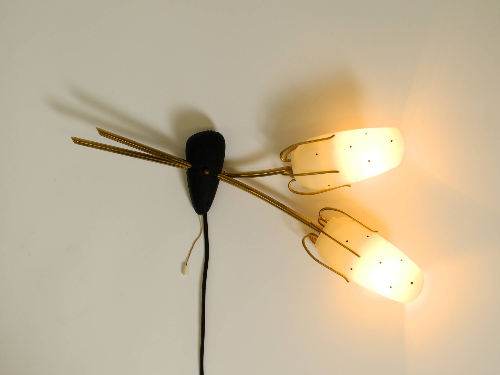 Beautiful Mid-Century brass wall lamp with painted glass shade