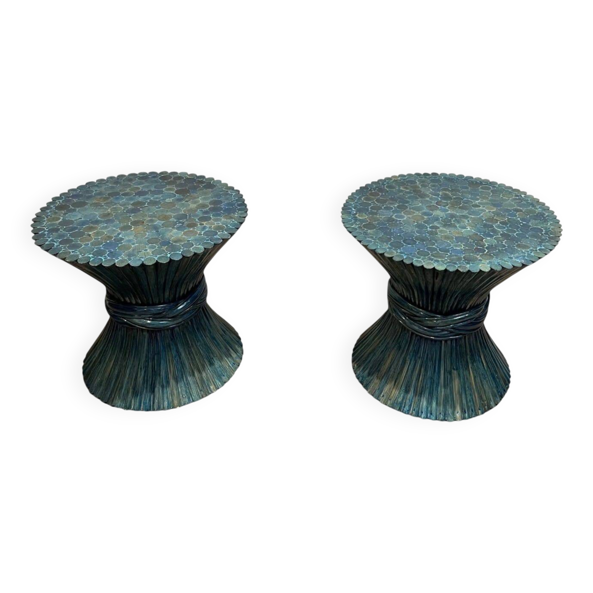 Pair of Bamboo Side Tables in the Shape of a Wheat Sheaf. Turquoise Lacquered.