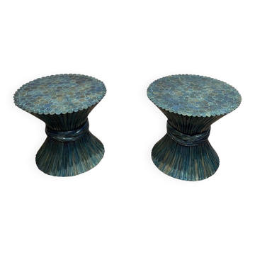 Pair of Bamboo Side Tables in the Shape of a Wheat Sheaf. Turquoise Lacquered.