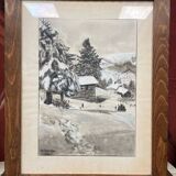 Ancien tableau / dessin sur papier signé et daté 1960. Montagne, chalet, hiver