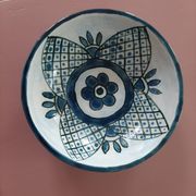 barbotine style salad bowl with blue floral pattern