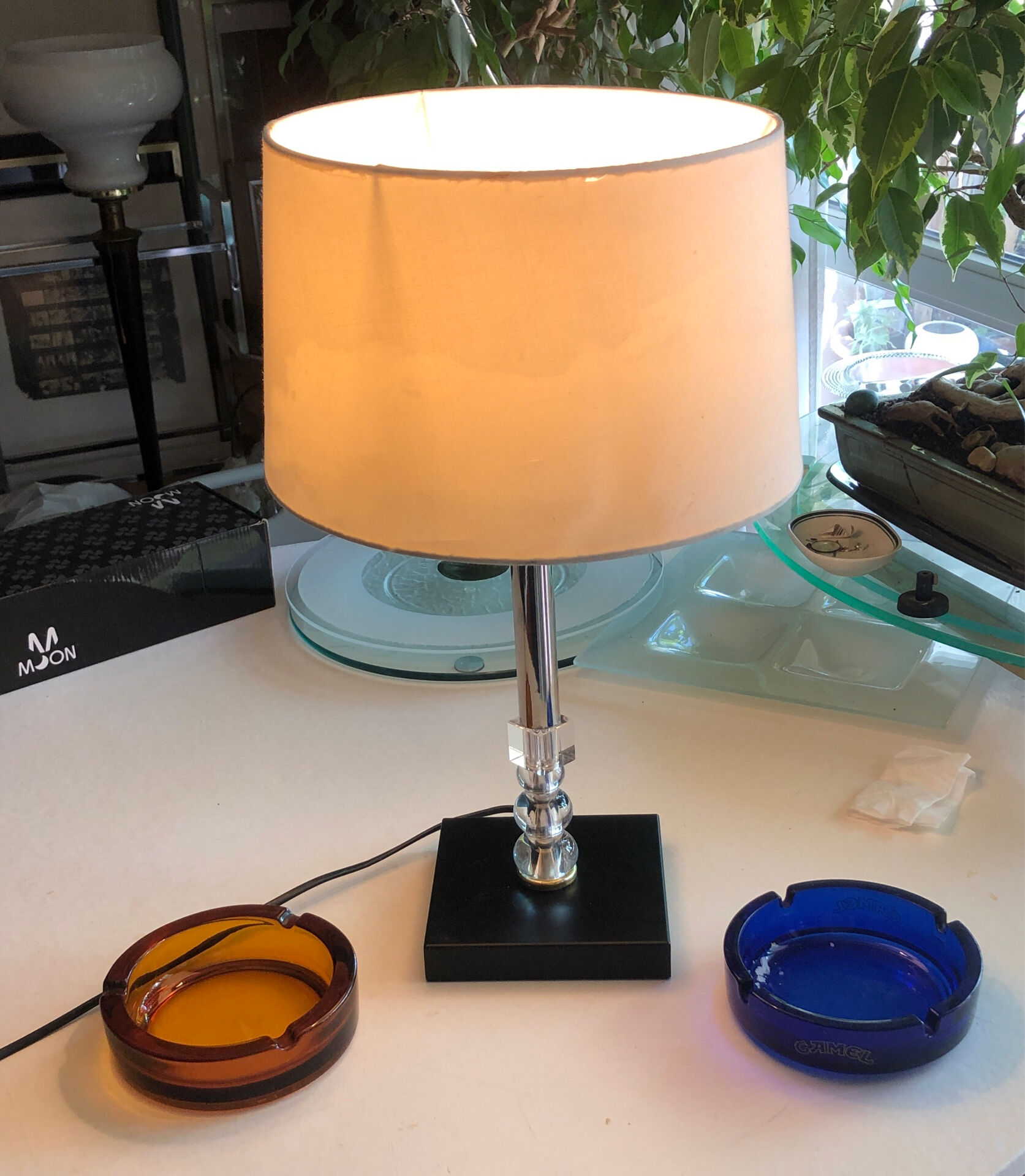 Silver-plated metal lamp base with crystal.
