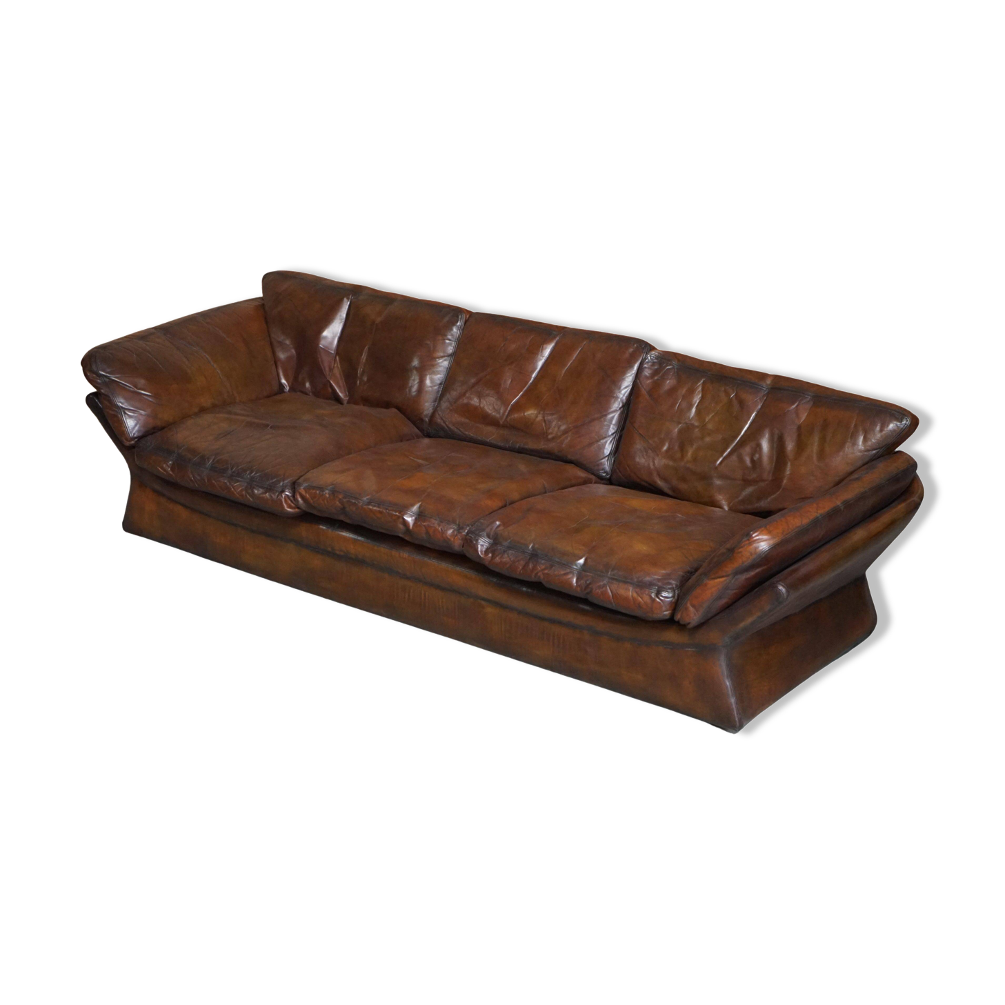 Restored leather mid-century modern low sofa