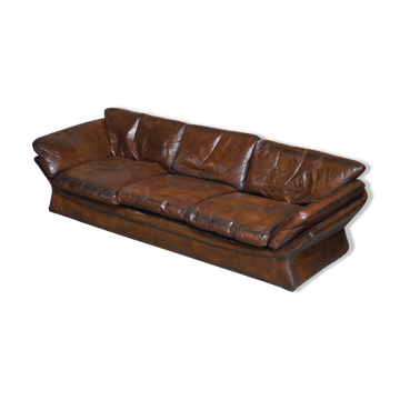 Restored leather mid-century modern low sofa