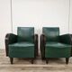 Pair of Art Decò armchairs in walnut and green leather, 1940