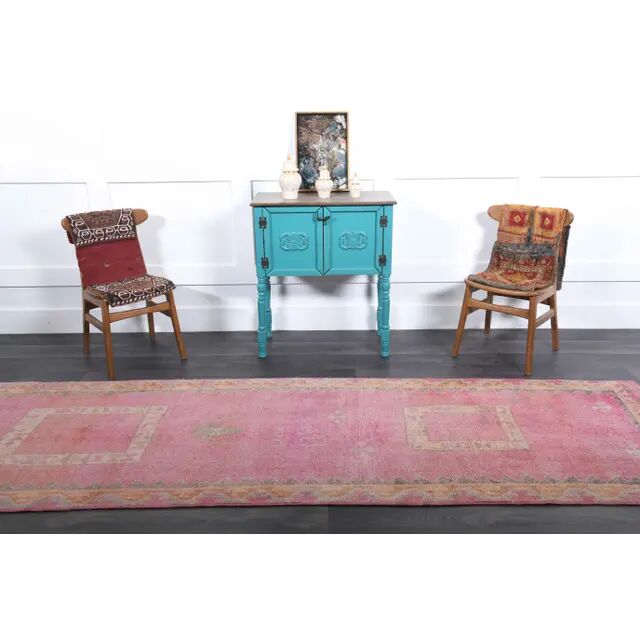 1970s Vintage Turkish Hand-Knotted Wool Cotton Pink Runner Rug 110x361