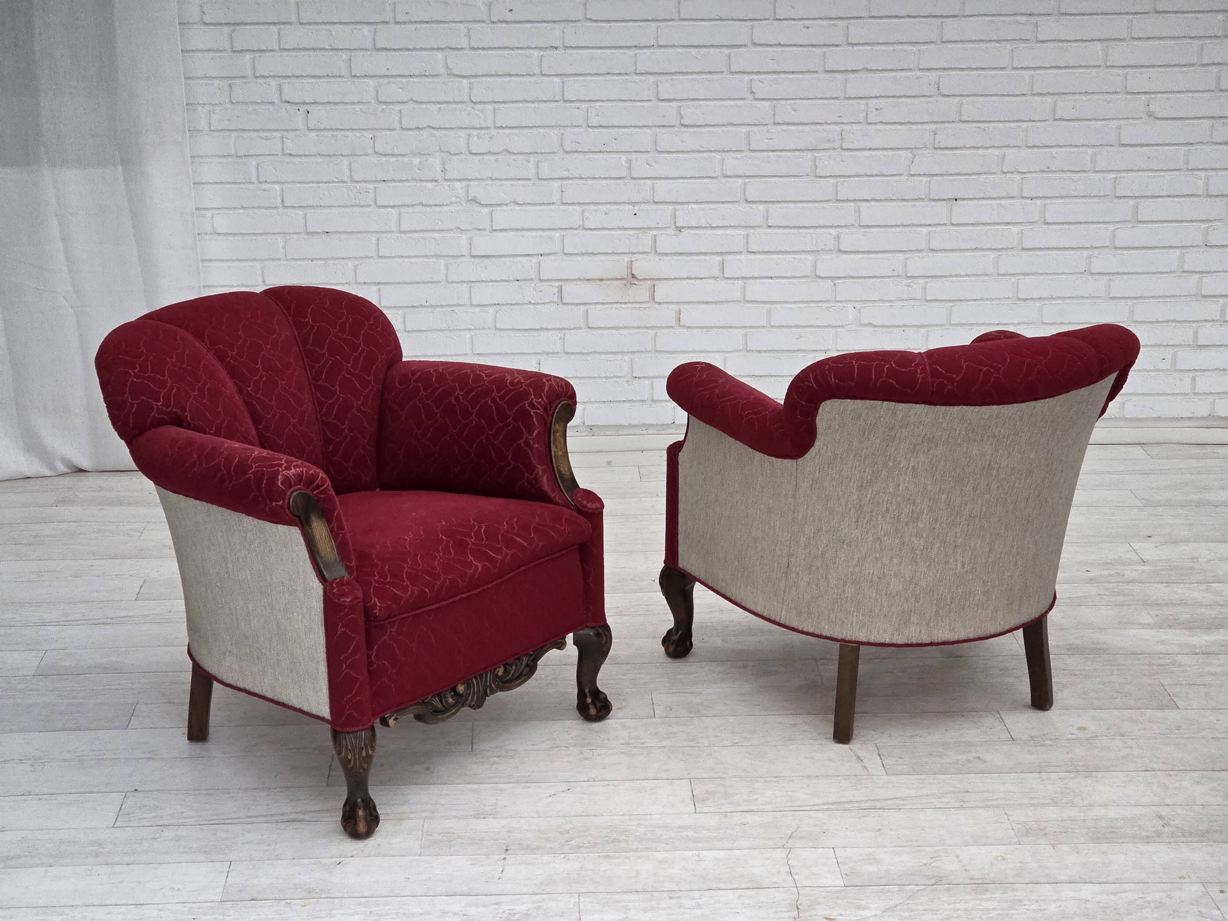 1950s, Danish armchair, red and light grey furniture wool, carved oak wood.