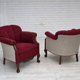 1950s, Danish armchair, red and light grey furniture wool, carved oak wood.