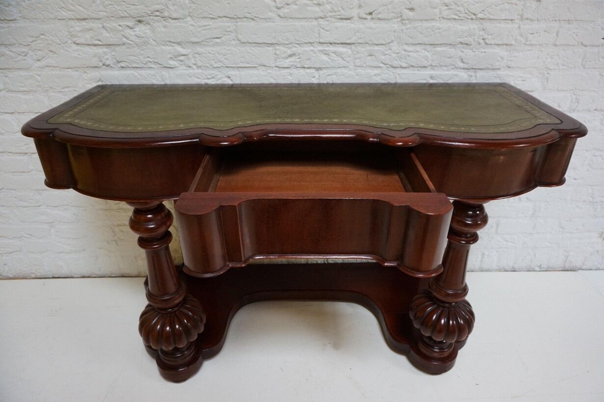 Biedermeier mahogany wall console table or desk with leather inlay top and drawer