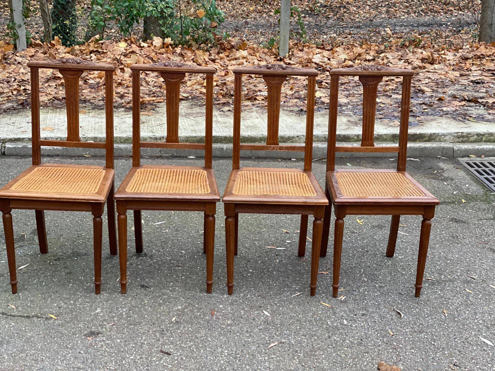 4 chaises art déco chêne massif cannées 1950 avec pieds ronds
