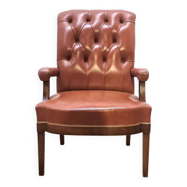 Fauteuil vintage en bois et cuir marron