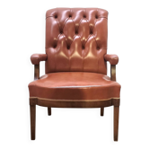 Fauteuil vintage en bois et cuir marron