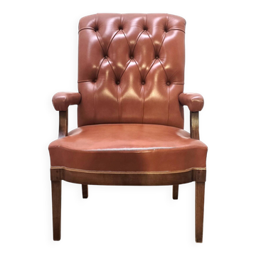 Fauteuil vintage en bois et cuir marron
