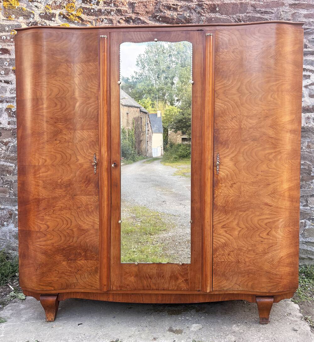 Art Deco wardrobe in flame walnut with central mirror – French elegance