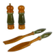 Green ceramic salt and pepper shaker set and salad servers, 1970