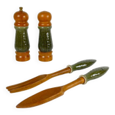 Green ceramic salt and pepper shaker set and salad servers, 1970