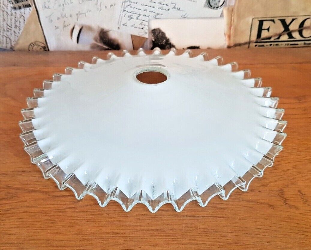 Vintage french frilled glass pendant shade white frosted glass clear edge 3649