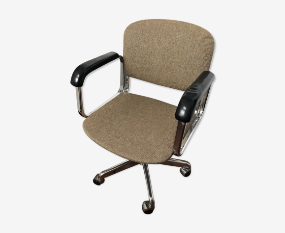70s beige tweed and chrome feet on wheels and adjustable in height office  chair | Selency