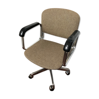 Chaise de bureau années 70 tweed beige et pieds chromés sur roulette et réglable en hauteur