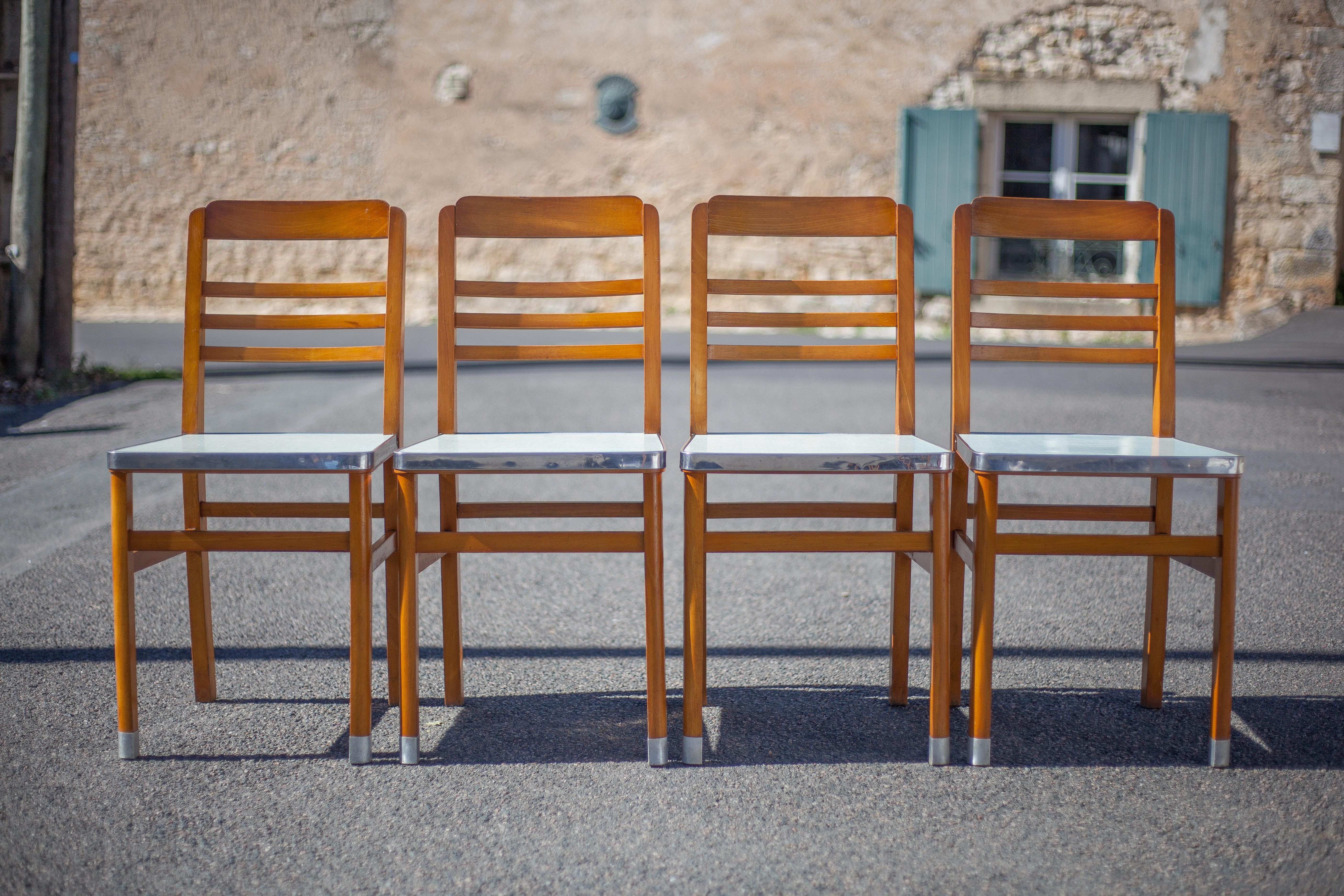 Antique wood table with 4 chairs, wooden table and formica, stepped foot table with extensions, 50's