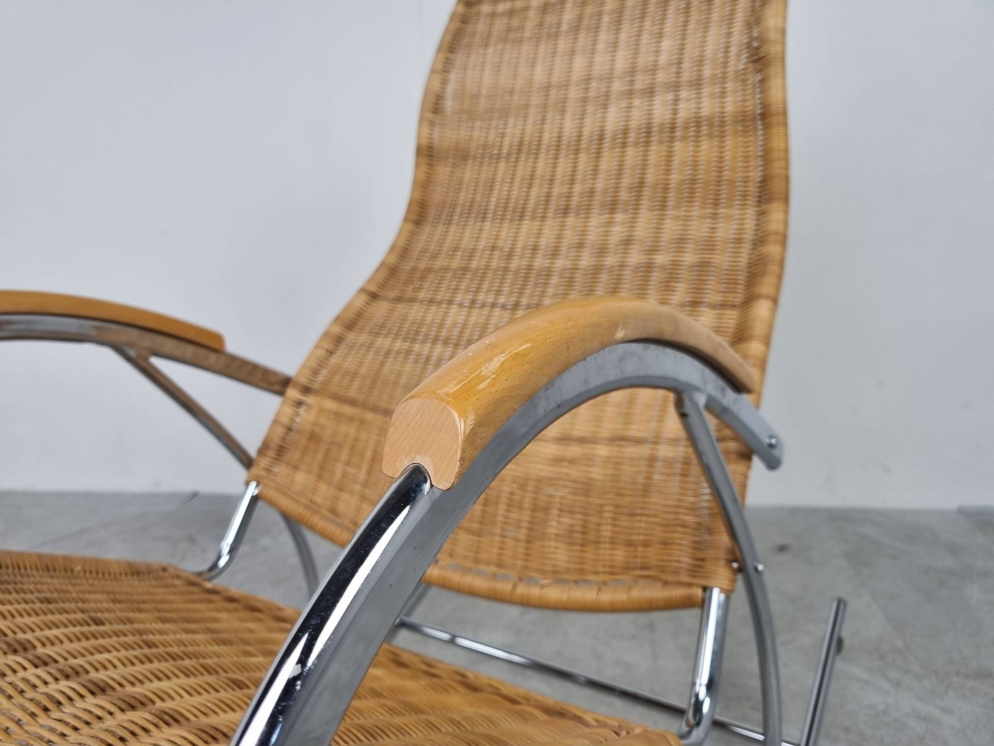 Vintage chrome and wicker rocking chair, 1970s