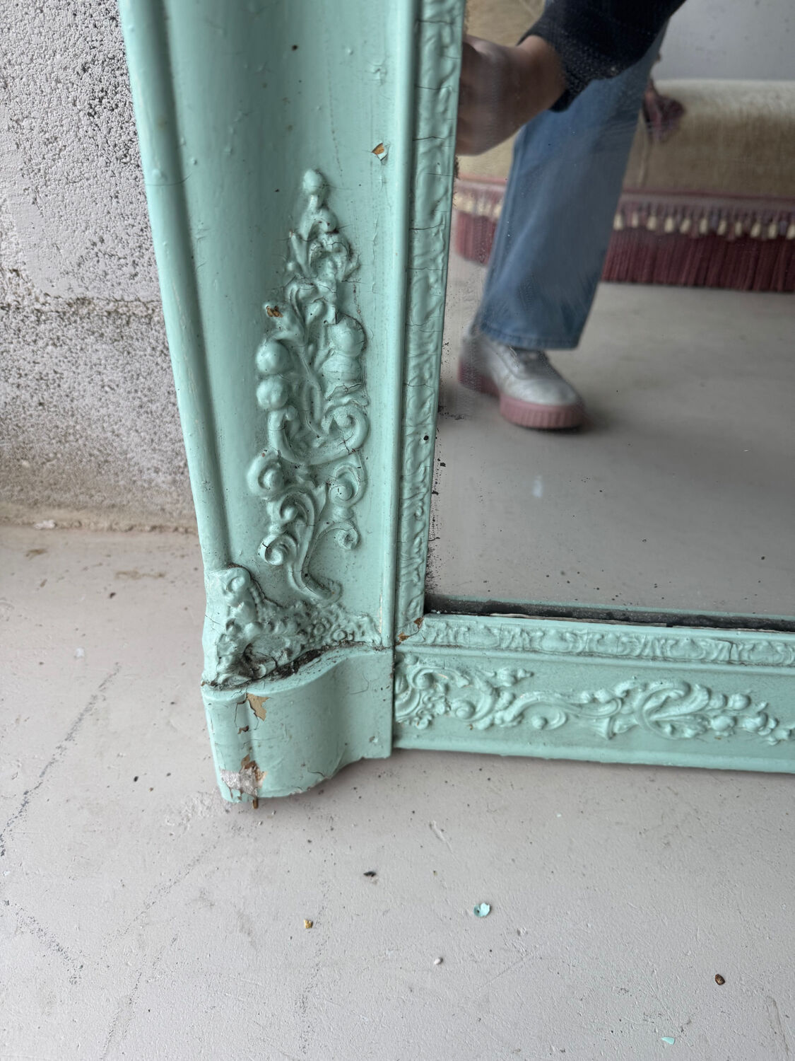 Large antique mercury mirror, patinated blue sculpted frame.
