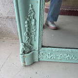 Large antique mercury mirror, patinated blue sculpted frame.