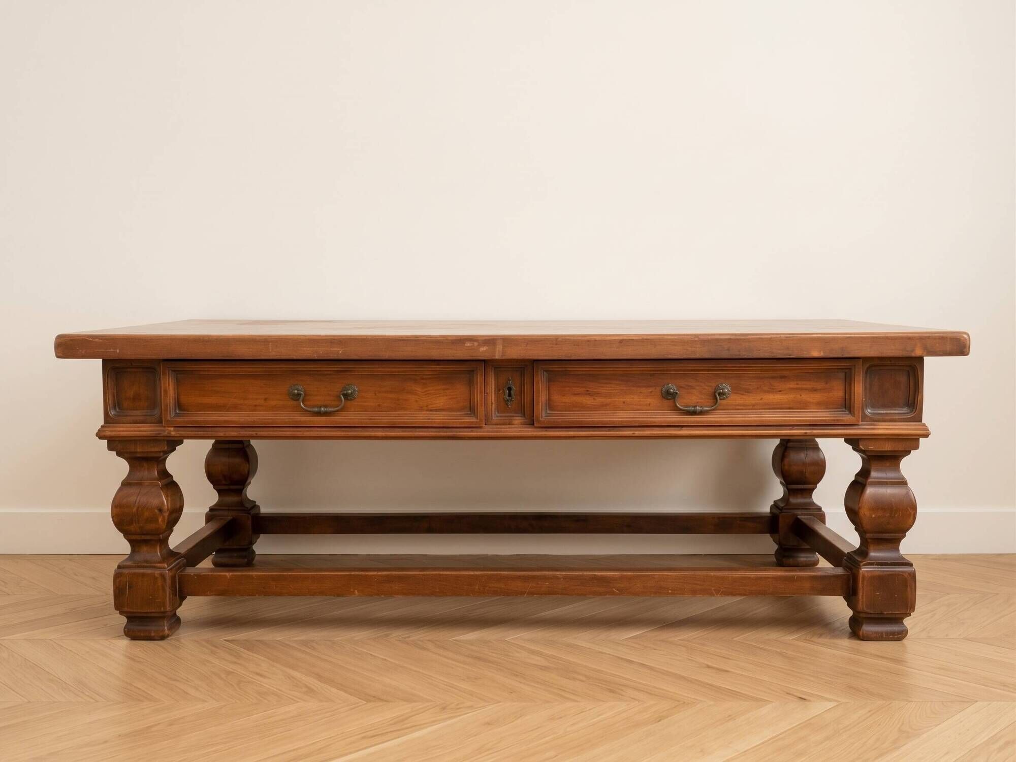 Antique solid wood coffee table with drawers.
