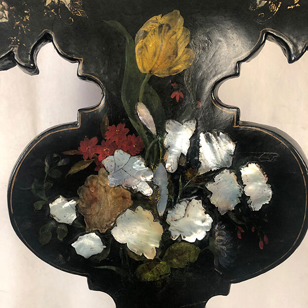 Napoleon III gondola chair in wood and black lacquered papier-mâché and burgauté