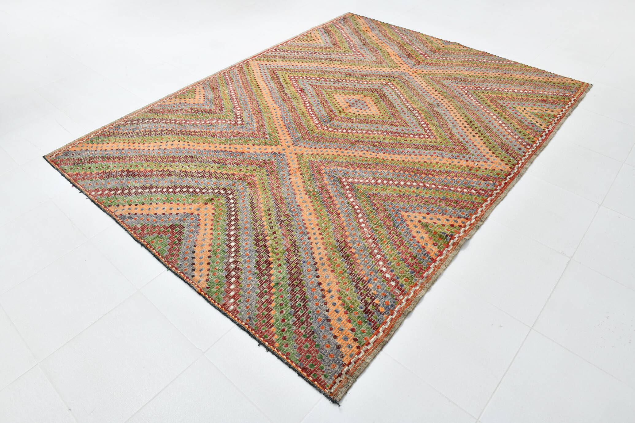 Tapis Kilim vintage vert et orange 7x9, 203x263 cm