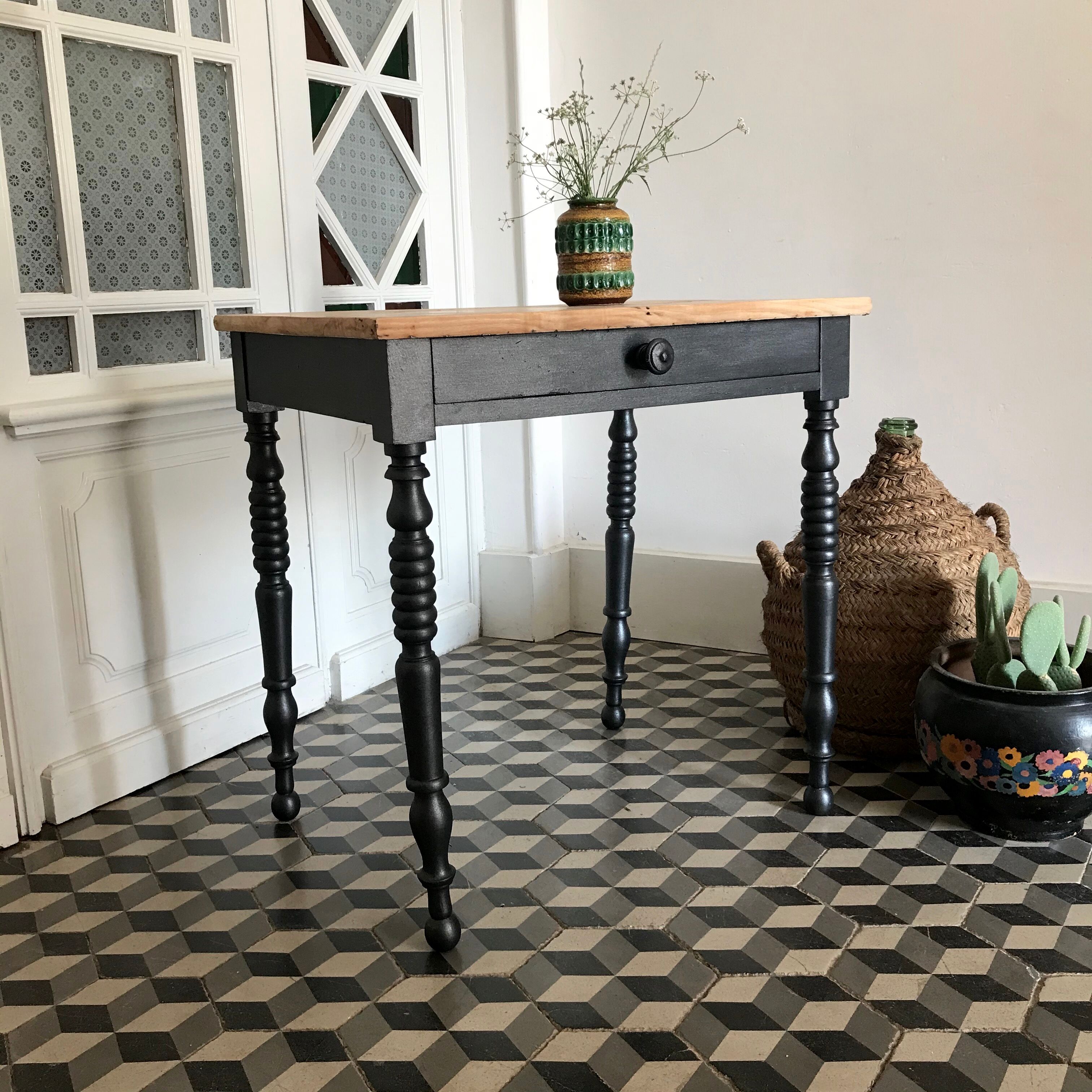 Wooden and black side table
