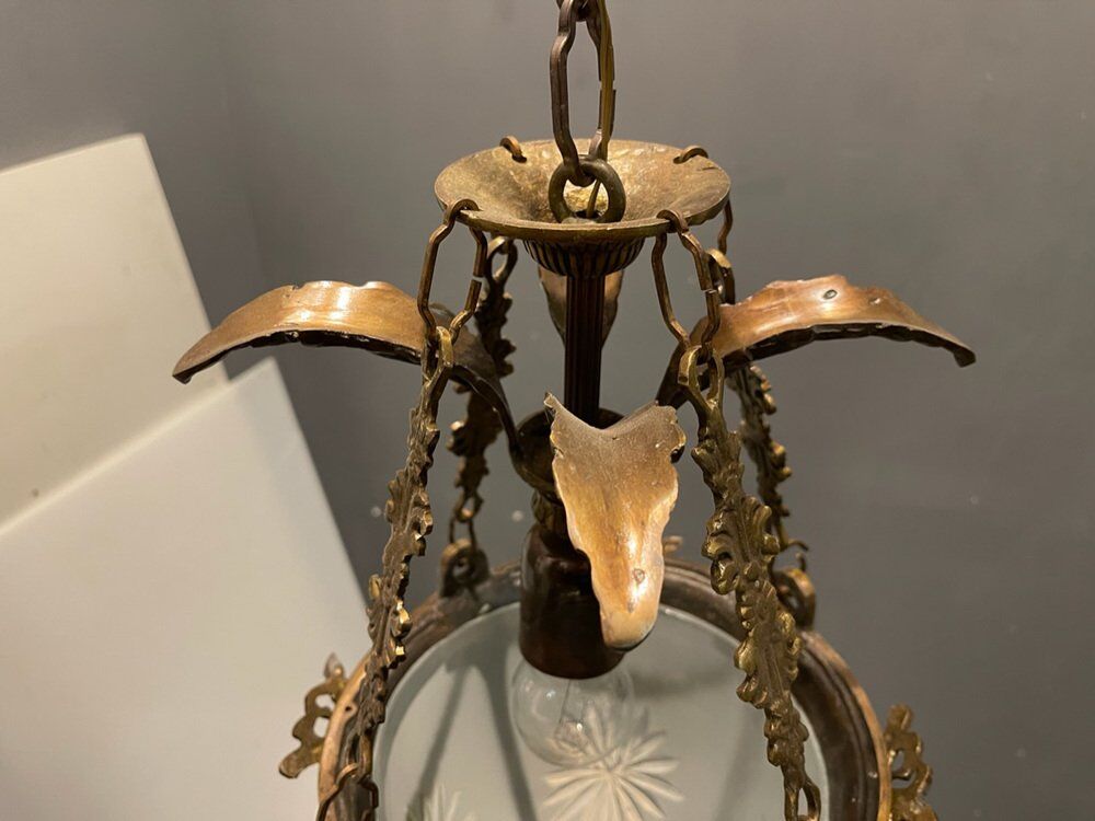 Bronze etched glass light pendants, 1970