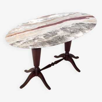 Table basse vintage en hêtre attribuable à Paolo Buffa avec un plateau ovale en onyx rouge