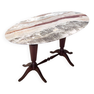 Table basse vintage en hêtre attribuable à Paolo Buffa avec un plateau ovale en onyx rouge