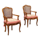 Fauteuils anciens style baroque en noyer et tissu, XIXe siècle