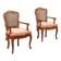 Antique baroque-style armchairs in walnut and fabric, 19th century.