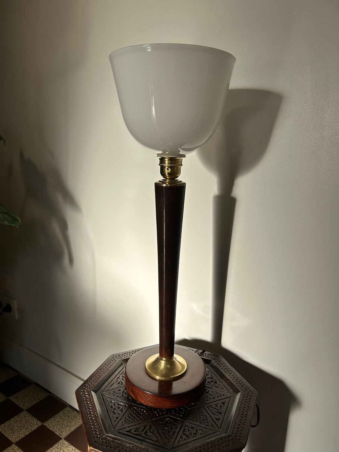 Art Deco lamp made of wood, brass, and opaline.
