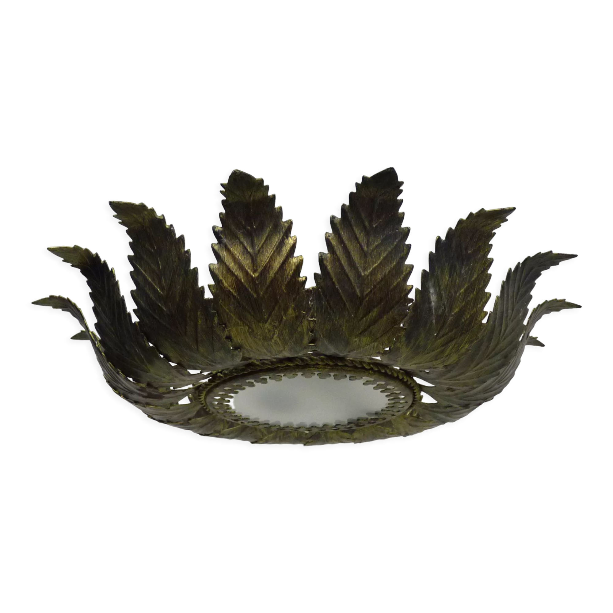 Sun ceiling lamp, double light gilded metal foliage, year 70