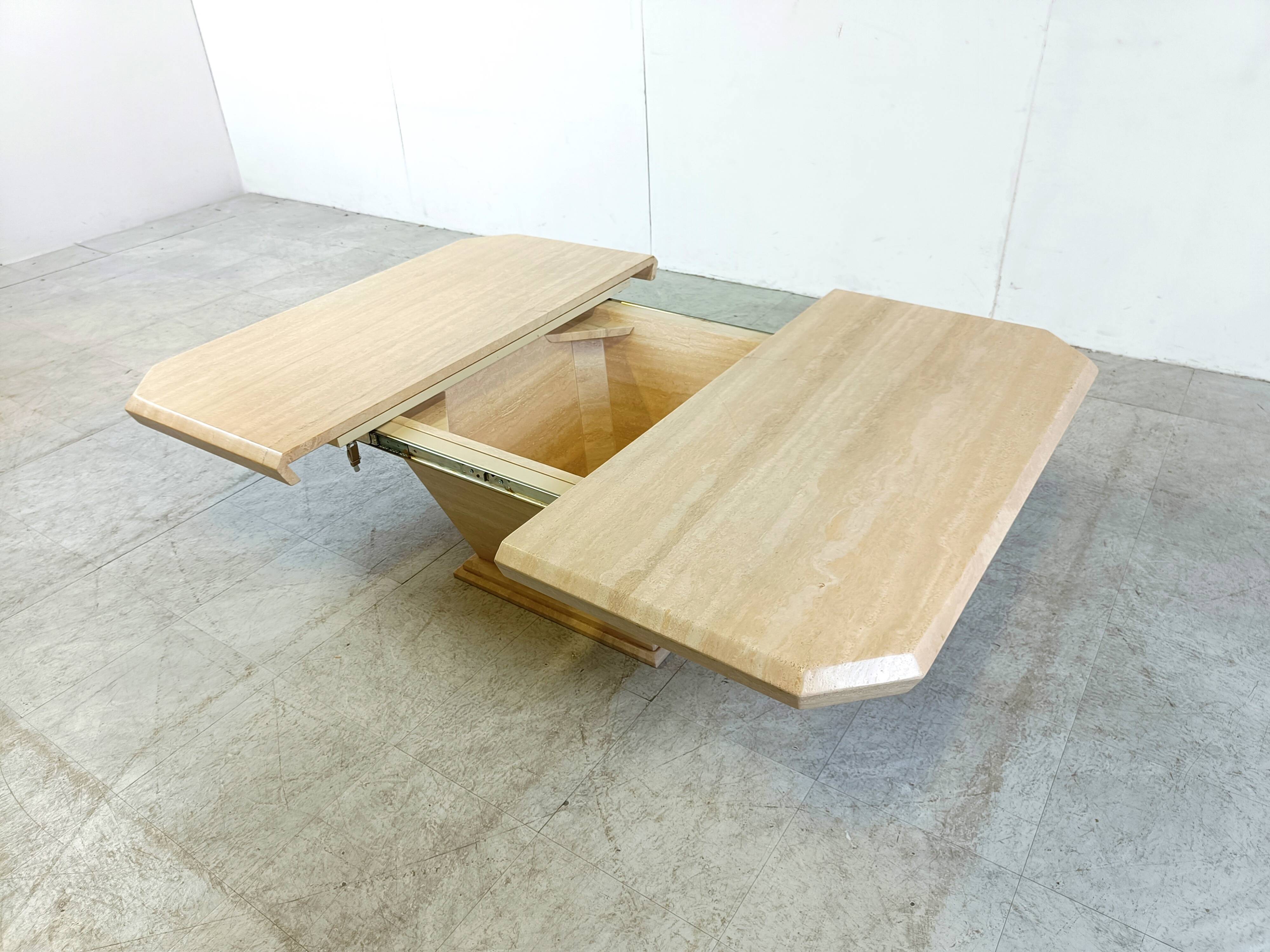 Vintage hidden bar coffee table in travertine, 1970s