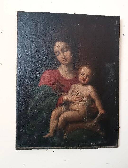 Old painting, oil on canvas, Virgin with Child