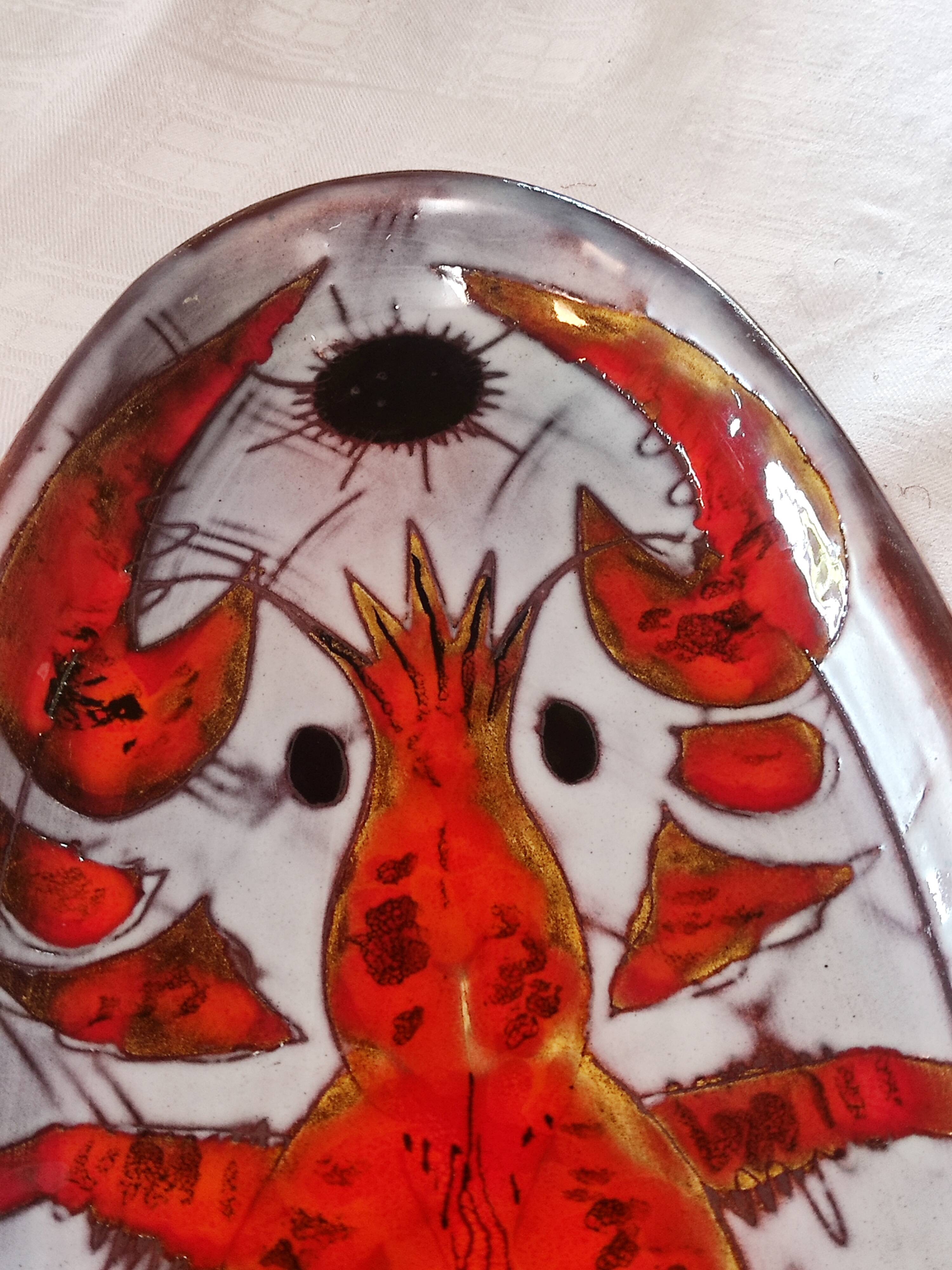 Vallauris earthenware plate signed by Kurt and Monique Brunner - lobster