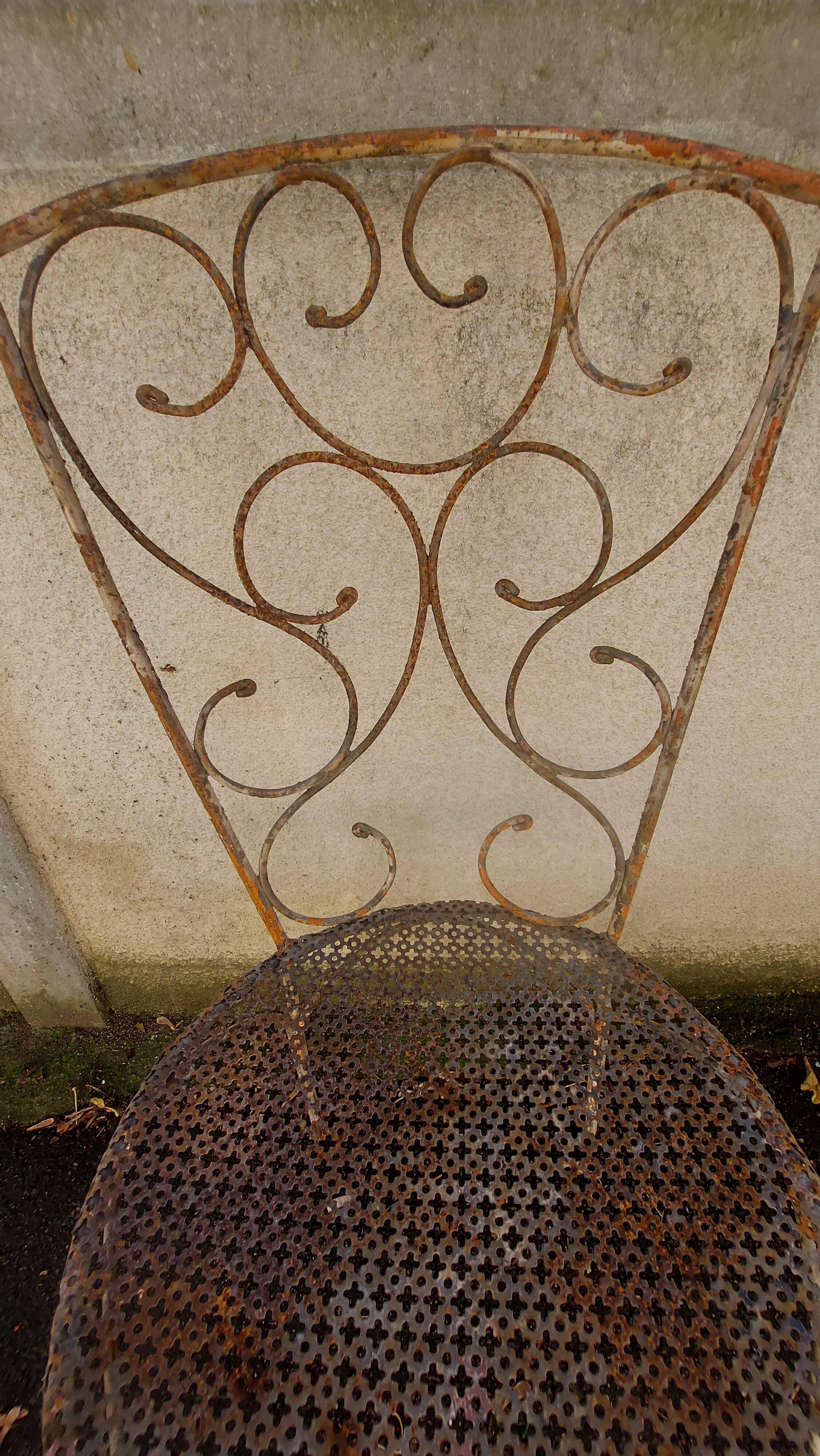 Set of 3 wrought iron garden chairs, rigitulle seat 1940/50
