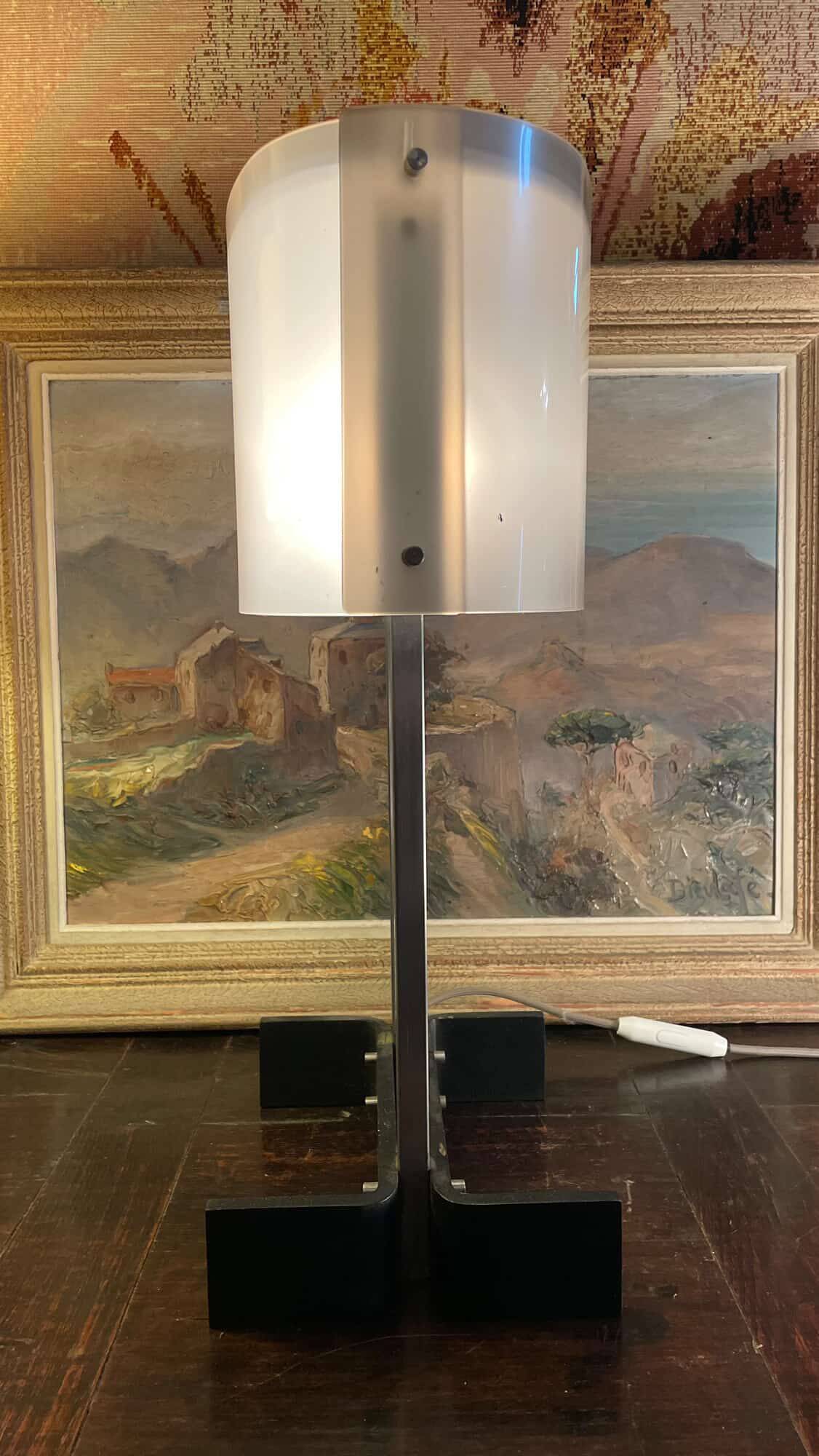 70's design lamp. Chrome with white and smoked grey Plexiglas.