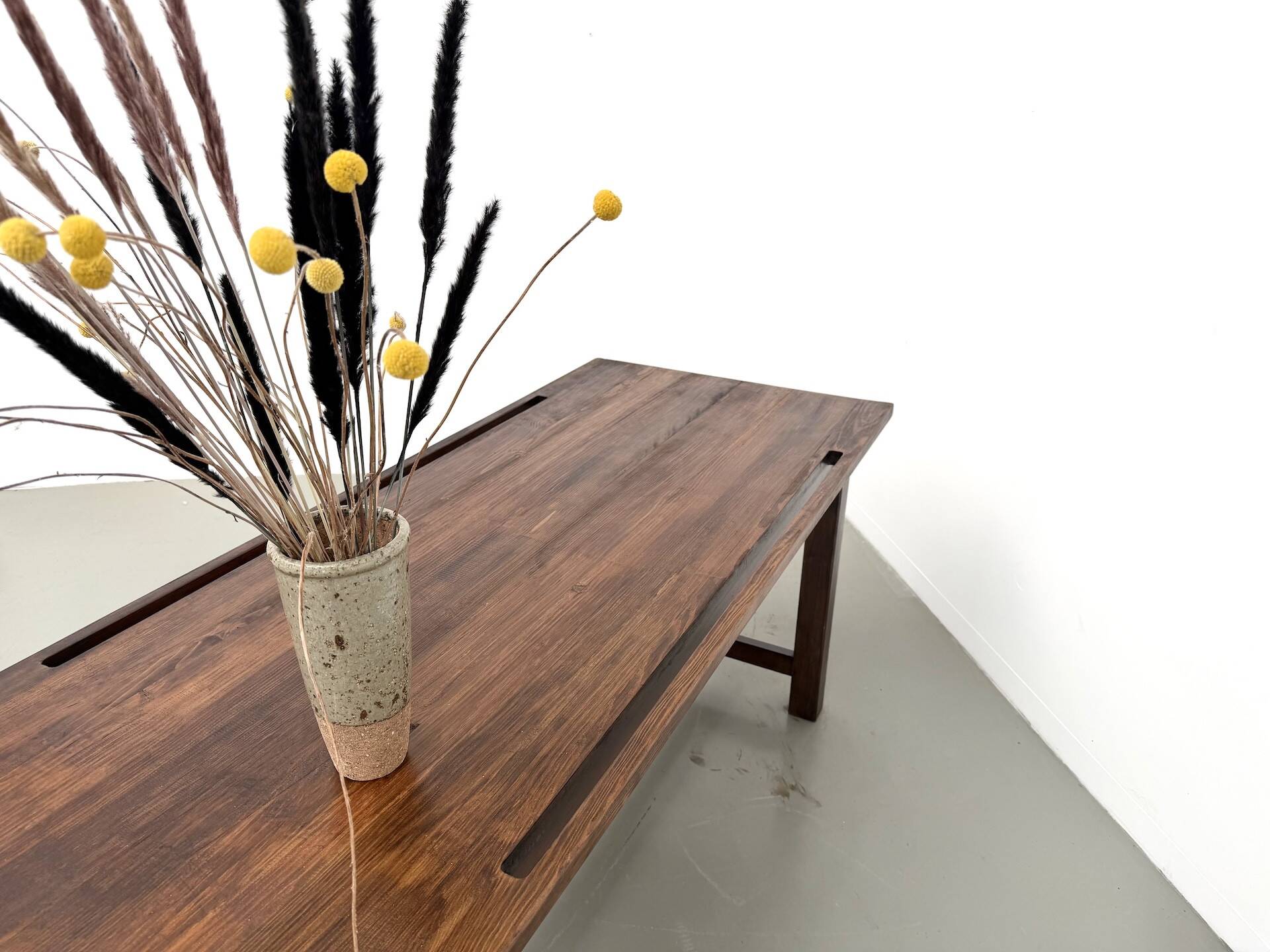 Solid pine work table, grooved top, satin brown finish, year