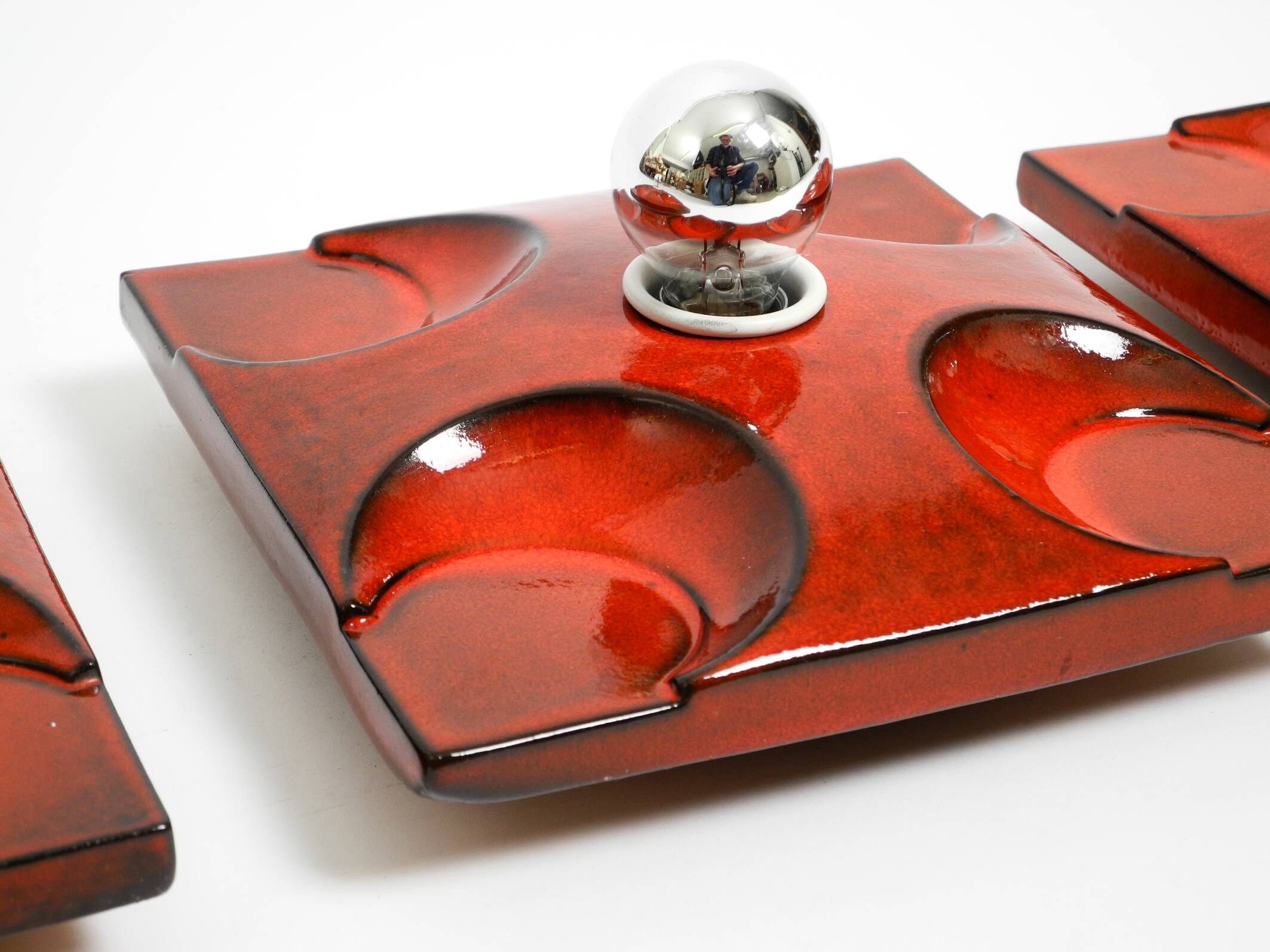 Three beautiful original 1970s Space Age red ceramic wall lamps