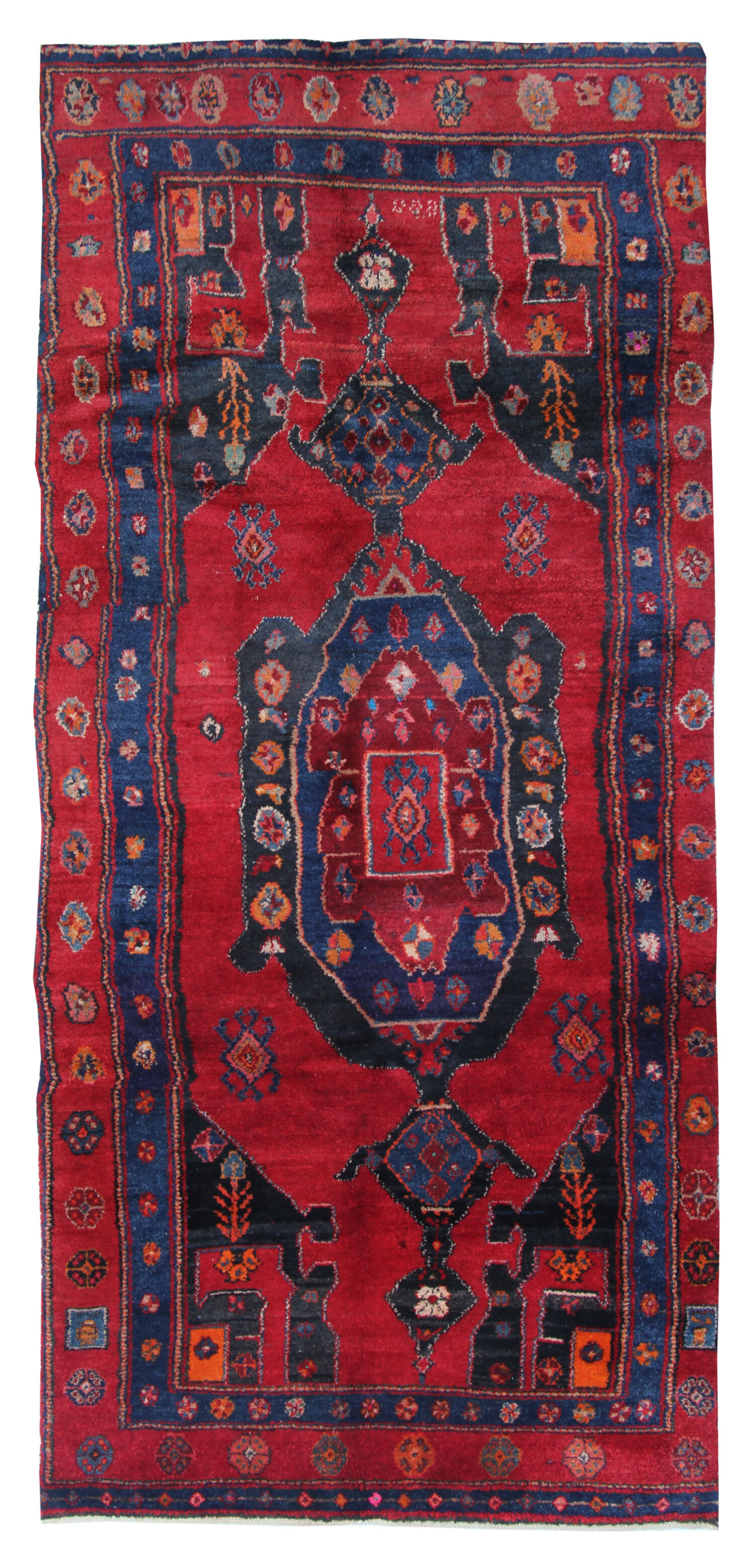 Tapis de coureur oriental bleu rouge long tapis géométrique en laine fait à la main 125x270cm