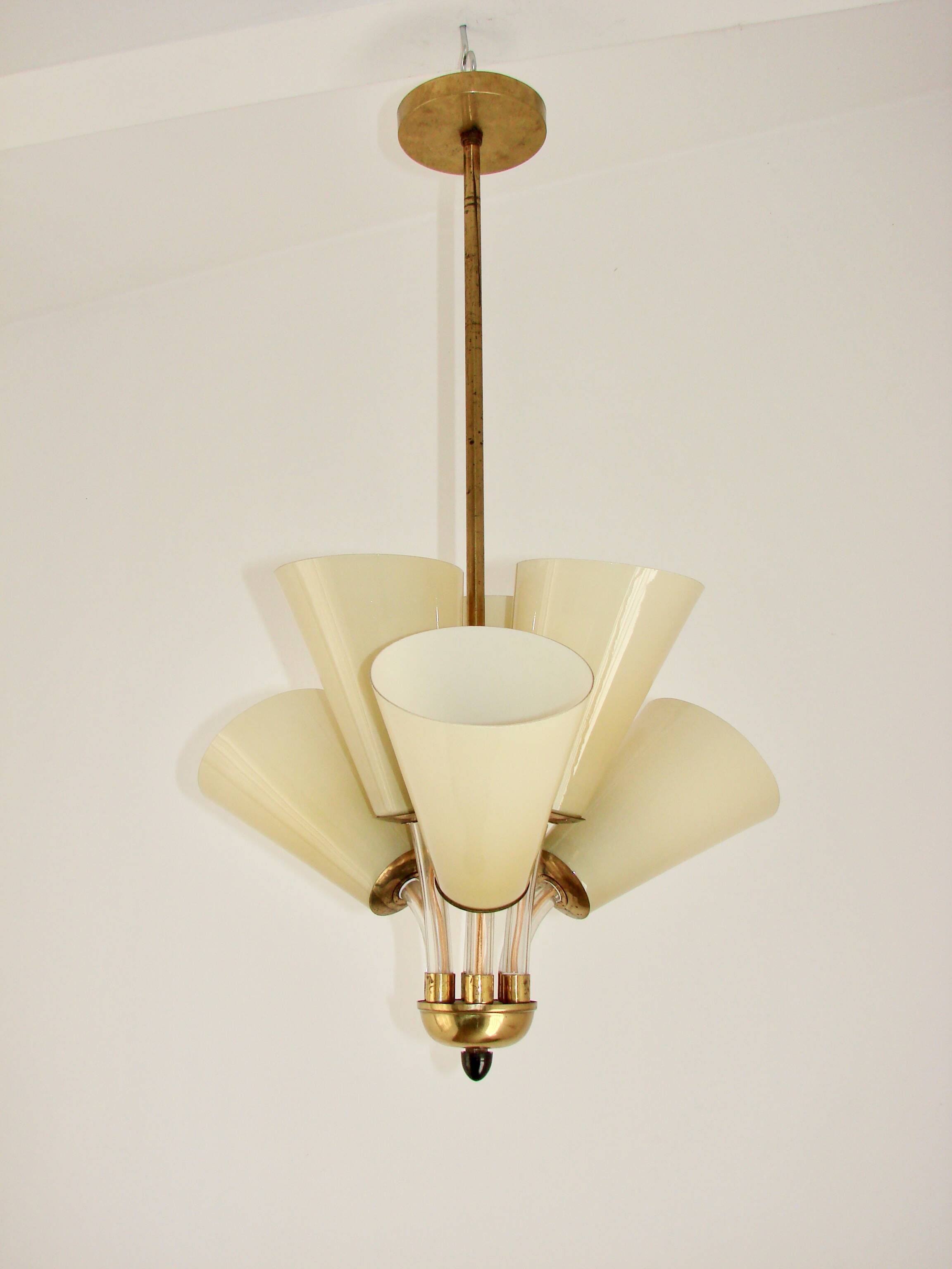 Chandelier Kamenický Šenov – Czechoslovakia, 1950s, brass and glass