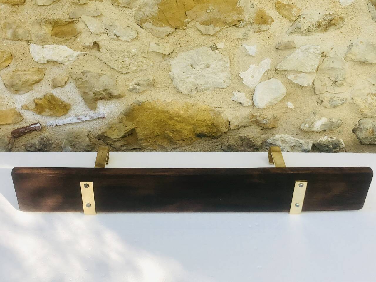 Vintage brass and wood hanging wall shelf