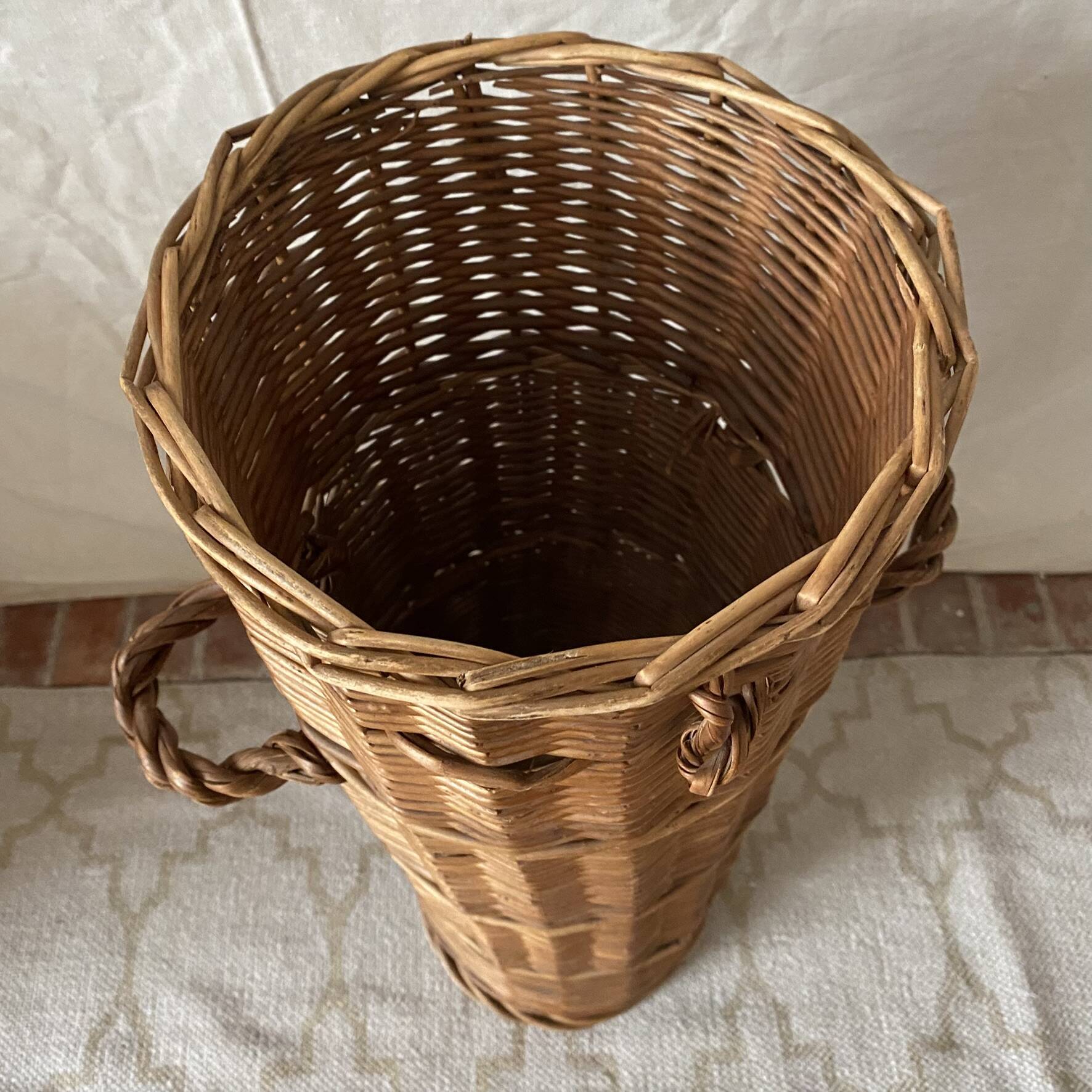 Woven wicker basket, vintage rod holder