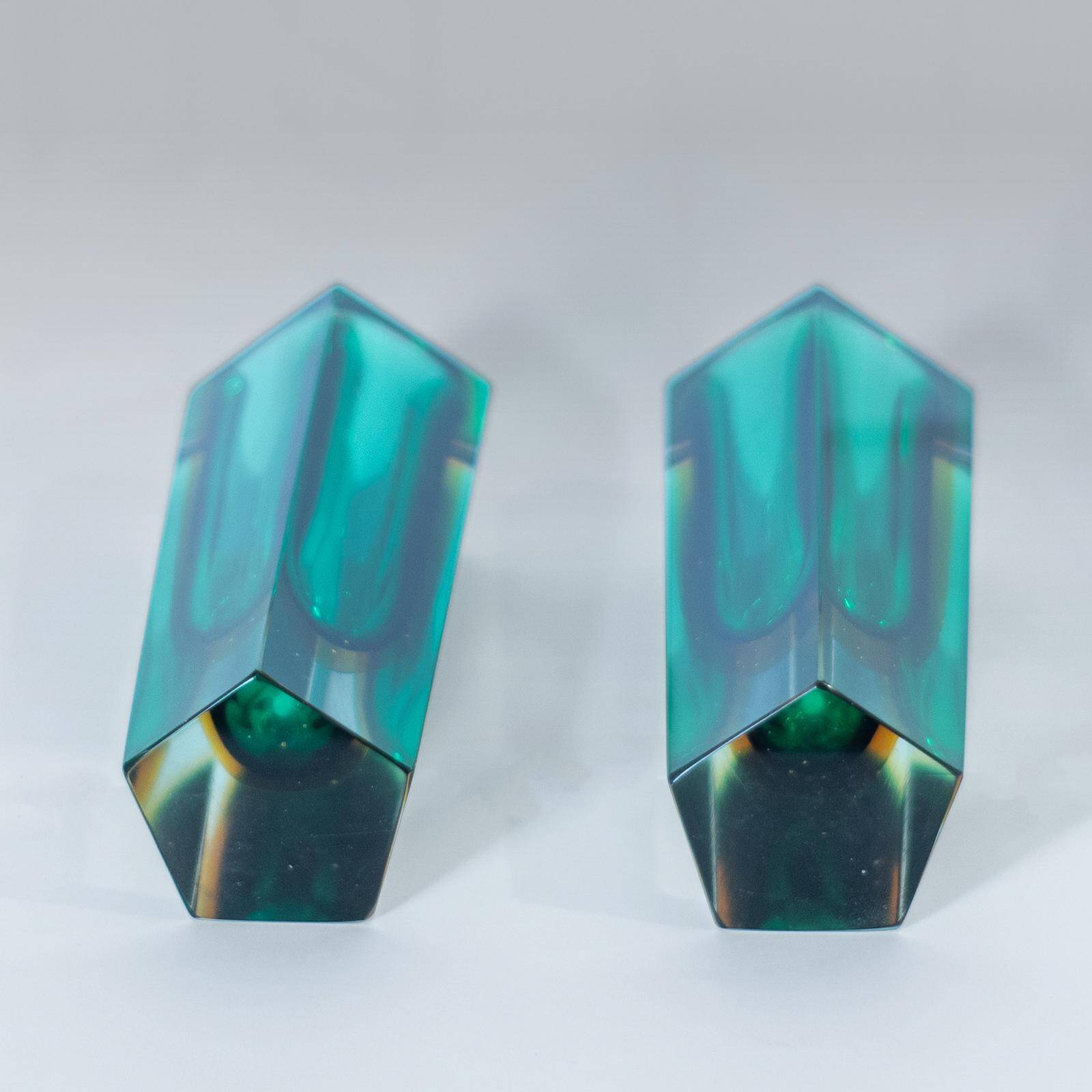 Flavio Poli Murano Sommerso Vases, Green & Yellow Glass, Set of Two